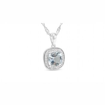 Square Cushion Aquamarine and Cubic Zirconia Rhodium Over Sterling
Silver Pendant and chain, 1.78ctw