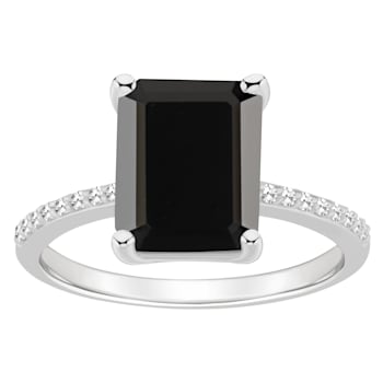 10x8mm Emerald Cut Black Onyx and 1/10 ctw Diamond Rhodium Over Sterling
Silver Ring