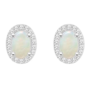 6x4mm Oval Opal 1/6 ctw Diamond Rhodium Over Sterling Silver Halo Stud Earrings