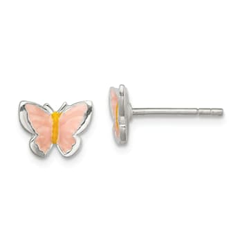 Sterling Silver Pink/Orange Enamel Butterfly Children's Post Earrings