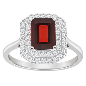 8x6mm Emerald Cut Garnet And White Topaz Accents Rhodium Over Sterling
Silver Double Halo Ring