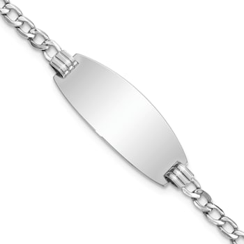 Rhodium Over 14k White Gold Semi-solid Oval Curb Link ID Bracelet