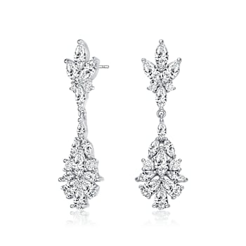 CZ Cluster Drop Earrings In Sterling Silver