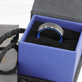 RIGEL Flat Beveled Edges Black Tungsten Ring with Brushed Center and
Vibrant Blue Ceramic Inside 8mm