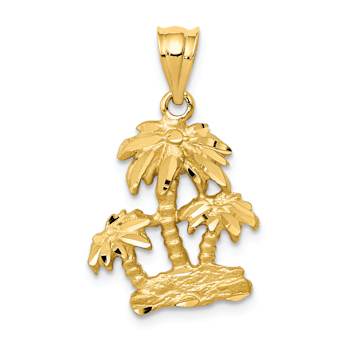 14k Yellow Gold Satin and Diamond-Cut Open-Backed Palm Trees Pendant