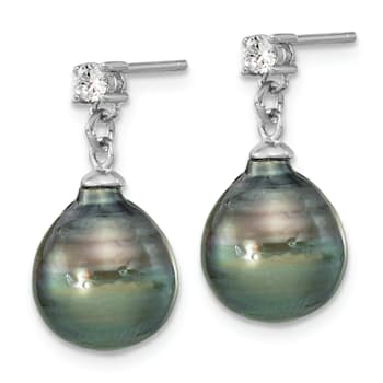 Rhodium Over Sterling Silver Polished Necklace and Earring Set with
Tahitian Pearls and CZ.