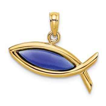 14k Yellow Gold Horizontal Blue Enameled Ichthus Charm