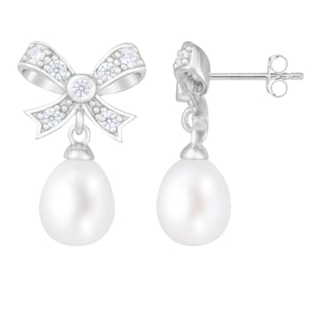 8-8.5mm White Cultured Freshwater Pearl and Cubic Zirconia Rhodium Over
Sterling Silver Earrings