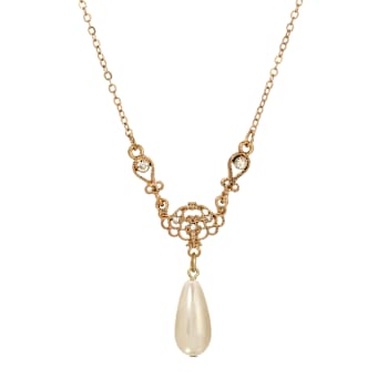 Yellow Base Metal Crystal Faux Pearl Drop Y-Necklace 16" Adj.