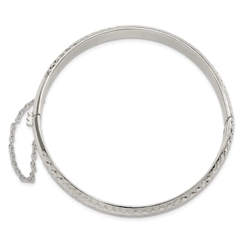 Rhodium Over Sterling Silver Polished and Diamond-cut 7.00mm Hinged Bangle