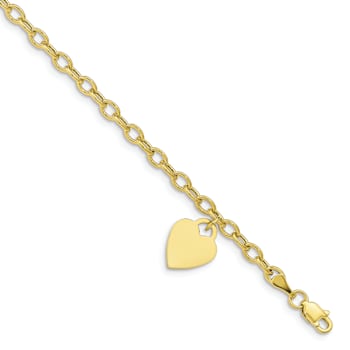 10k Yellow Gold Cable Link Dangle Heart Bracelet
