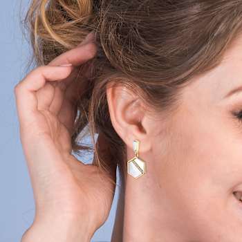 Pear Shape CZ And Mother Of Pearl Hexagon Drop Earrings In 14K Gold Over Brass