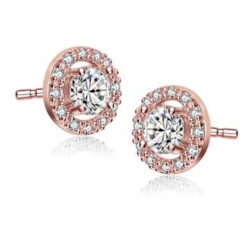 CZ Halo Stud Earrings In 18K Rose Gold Over Bronze