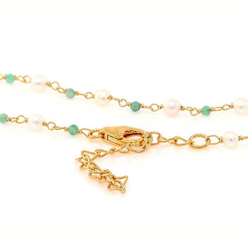 Dainty Pearl And Emerald Station Necklace In 18K Gold Over Sterling Silver