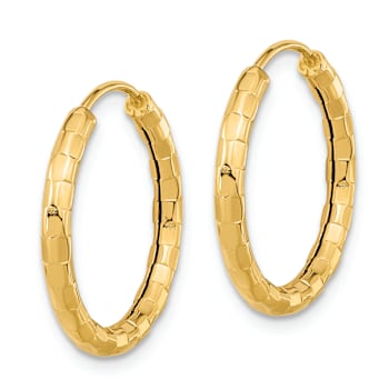 14k Yellow Gold Polished and Textured 3/4" Faceted Hoop Earrings