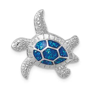 Rhodium Over Sterling Silver Enameled Swimming Turtle Chain Slide Pendant