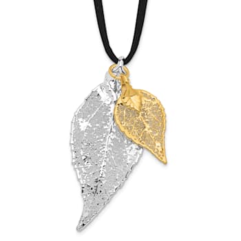Sterling Silver and 24k Yellow Gold Dipped Double Evergreen Leaf Necklace
