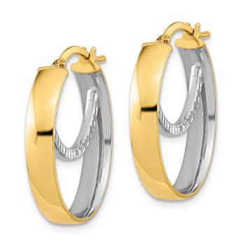 14K Two-tone Gold Polished and Diamond-Cut 15/16" Fancy Oval Hoop Earrings