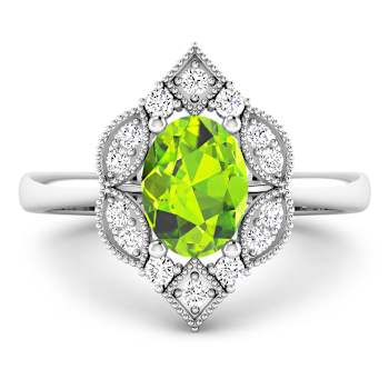 1.25ctw Green Peridot and Diamond 14K White Gold Halo Ring