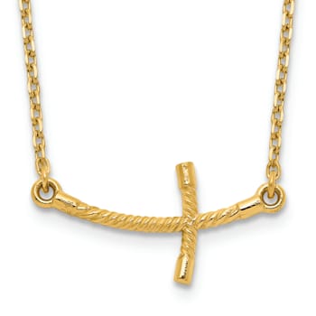 14K Yellow Gold Small Sideways Curved Twist Cross Necklace