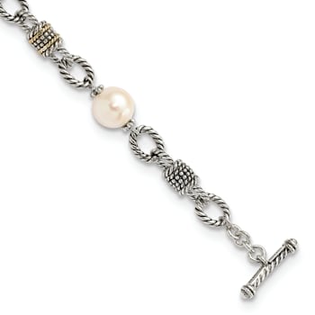 Sterling Silver with 14K Gold Over Sterling Silver Oxidized Freshwater
Cultured Pearl Bracelet