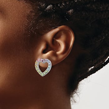 Rhodium Over Sterling Silver Rainbow Crystal Open Heart Post Earrings