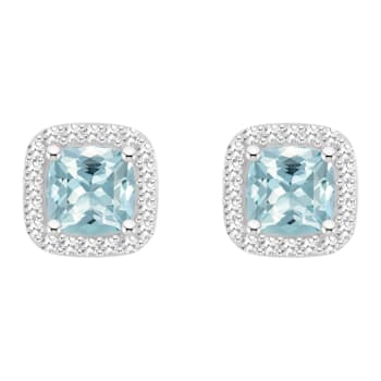 5mm Cushion Aquamarine 1/5 ctw Diamond Rhodium Over Sterling Silver Halo
Stud Earrings