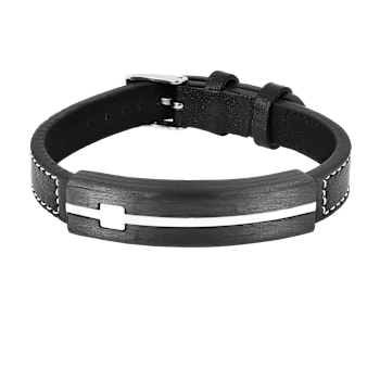 Mens Black Leather and Stainless Steel Cross Bracelet