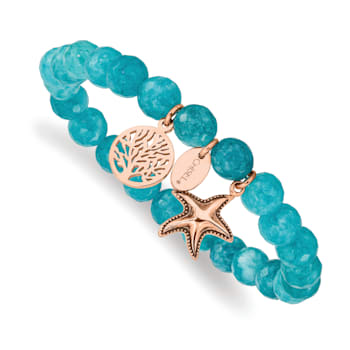 Rose Stainless Steel Antiqued and Polished Starfish Aqua Dyed Jade Bracelet