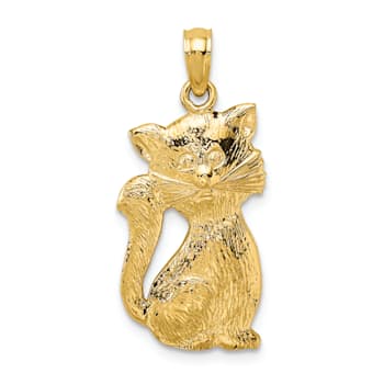 14k Yellow Gold Textured Sitting Cat Pendant