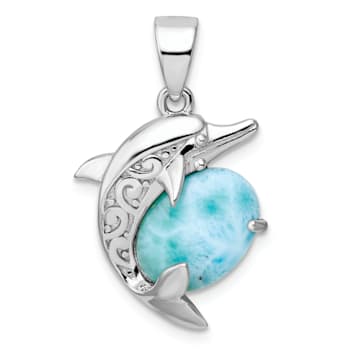 Rhodium Over Sterling Silver Polished Filigree Dolphin Larimar Pendant