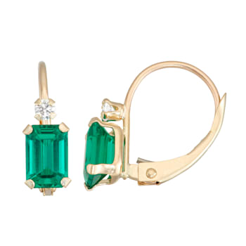 Lab Created Emerald and White Zircon 10K Yellow Gold Dangle Earrings 1.10ctw