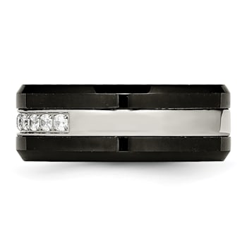 Stainless Steel Polished Black Ceramic CZ Beveled Edge Ring