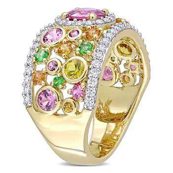 Pink, Orange Sapphire, Tsavorite and Diamond 14K Yellow Gold Ring 3.07ctw