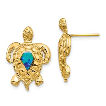14k Yellow Gold Textured Lab Created Opal Turtle Stud Earrings
