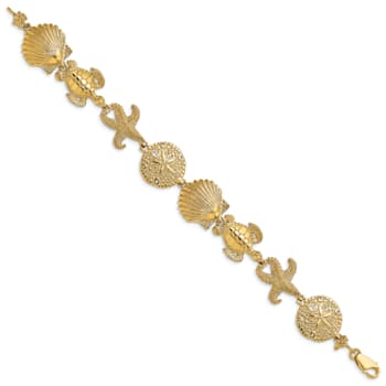 14k Yellow Gold Polished and Textured Sand Dollar, Starfish and Turtle
Link Bracelet