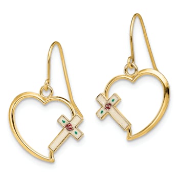 14k Yellow Gold with Enamel Cross Heart Dangle Earrings
