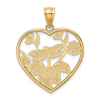 14k Yellow Gold Enamel Dragonfly and Flower in Heart Charm