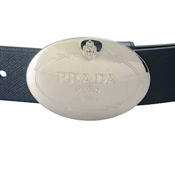 Prada Mens Navy Saffiano Leather Belt Silver Oval Buckle Belt Size 90-36