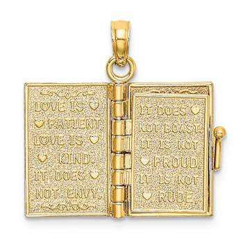 14k Yellow Gold 3D Moveable Brushed and Textured LOVE Book Pendant with
Enameled Flower