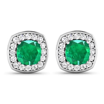 1.92ctw 14K White Gold  Zambian Green Emerald and White Diamond Halo Earrings