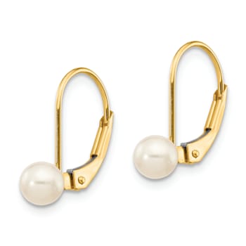 14K Yellow Gold 4-5mm White Round Freshwater Cultured Pearl Leverback Earrings