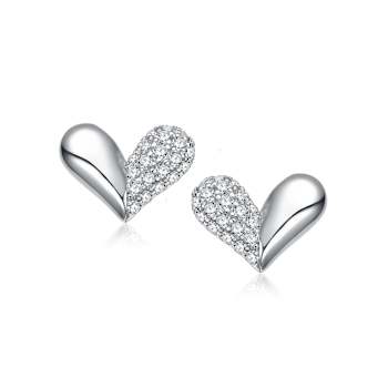 Pave CZ Heart Stud Earrings In White Gold Over Sterling Silver