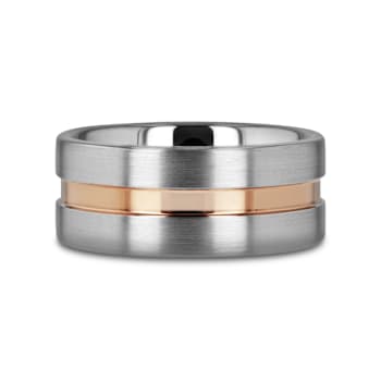 ZEUS Flat Brushed Finish Tungsten Carbide Ring with Rose Gold Plated
Groove- 10mm