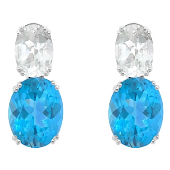 9x7mm Oval Blue Topaz And White Topaz Rhodium Over Sterling Silver Earrings