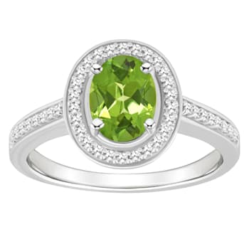 8x6mm Oval Peridot 1/5 ctw Diamond Rhodium Over Sterling Silver Halo Ring