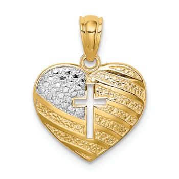 Rhodium Over 14K Two-tone Gold with Rhodium US Flag With Cross Heart Pendant