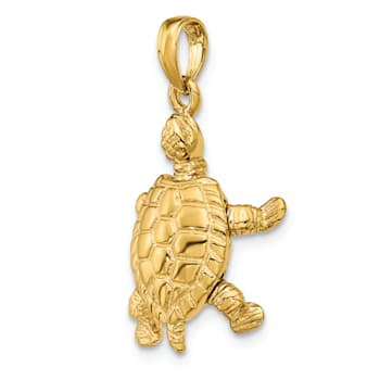 14k Yellow Gold Solid 3D Polished and Textured Moveable Turtle Pendant