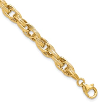 14K Yellow Gold Polished and Grooved Fancy Oval Link Bracelet