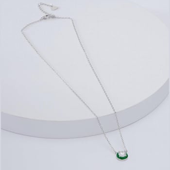 Moissanite Solitaire Rhodium Over Sterling Silver Necklace With Green Enamel